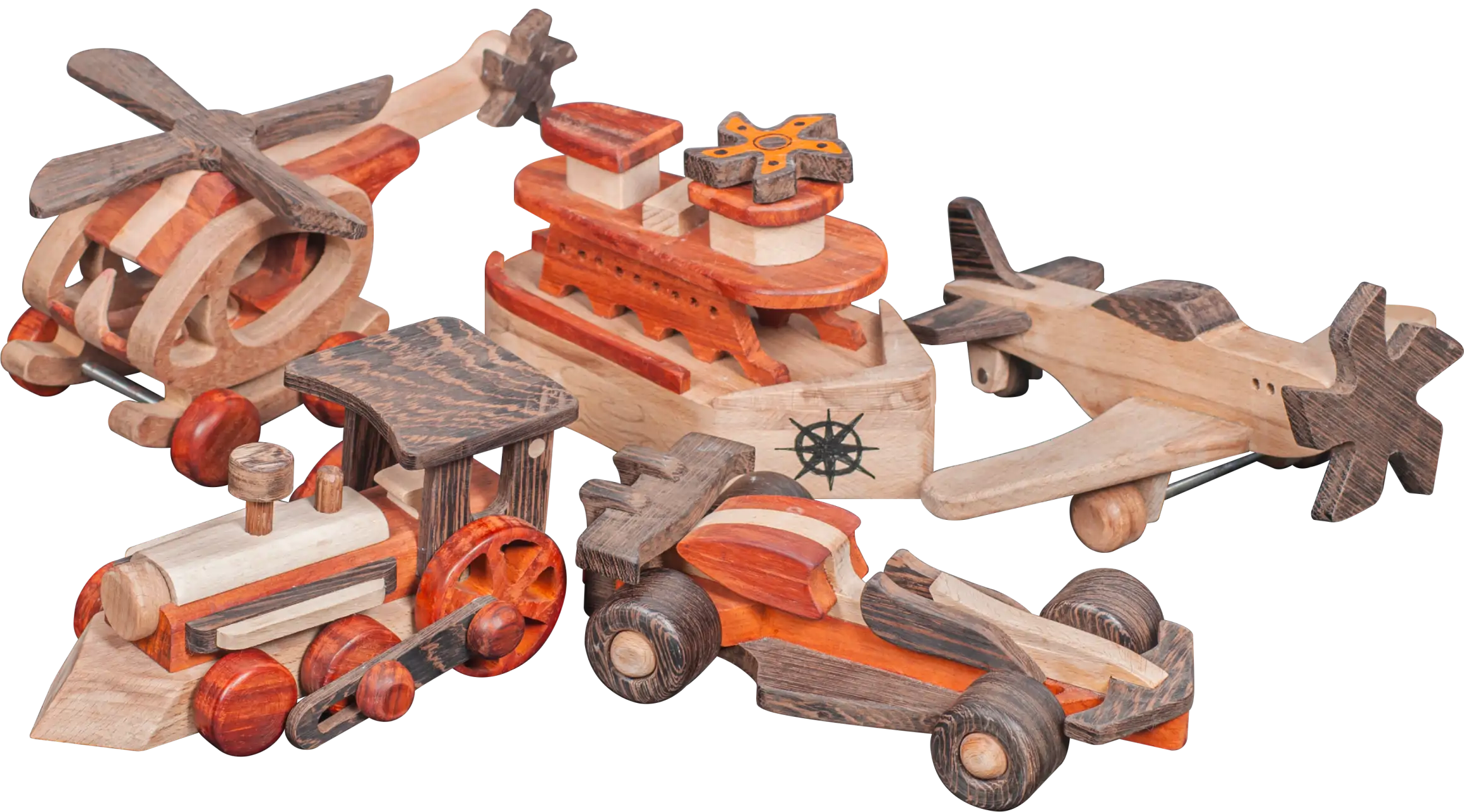 Handcrafted wooden transport toys, including train, ship, helicopter, car, and airplane