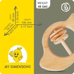 Infographic showing the 106 mm length and 85 mm height of the wooden mango rattle.