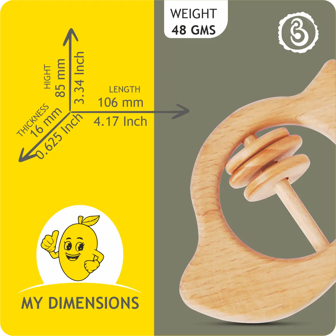 mango_dimensions Infographic showing the 106 mm length and 85 mm height of the wooden mango rattle.