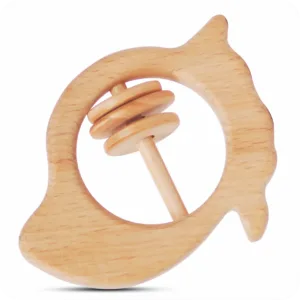 Front view of a natural wood mango-shaped baby rattle with three jingling rings.