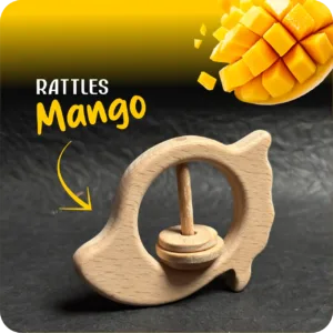 Mango-shaped natural wooden baby rattle with a single sliding ring on a textured dark background.