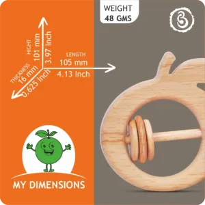 Dimension guide for the orange rattle showing 105mm length and 101mm height.