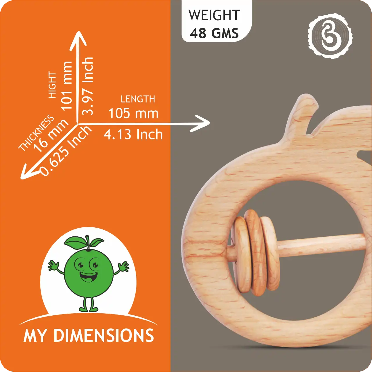orange_dimensions Dimension guide for the orange rattle showing 105mm length and 101mm height.
