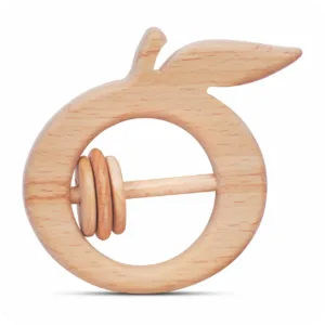 Front view of a natural wood orange-shaped baby rattle with a smooth leaf detail.