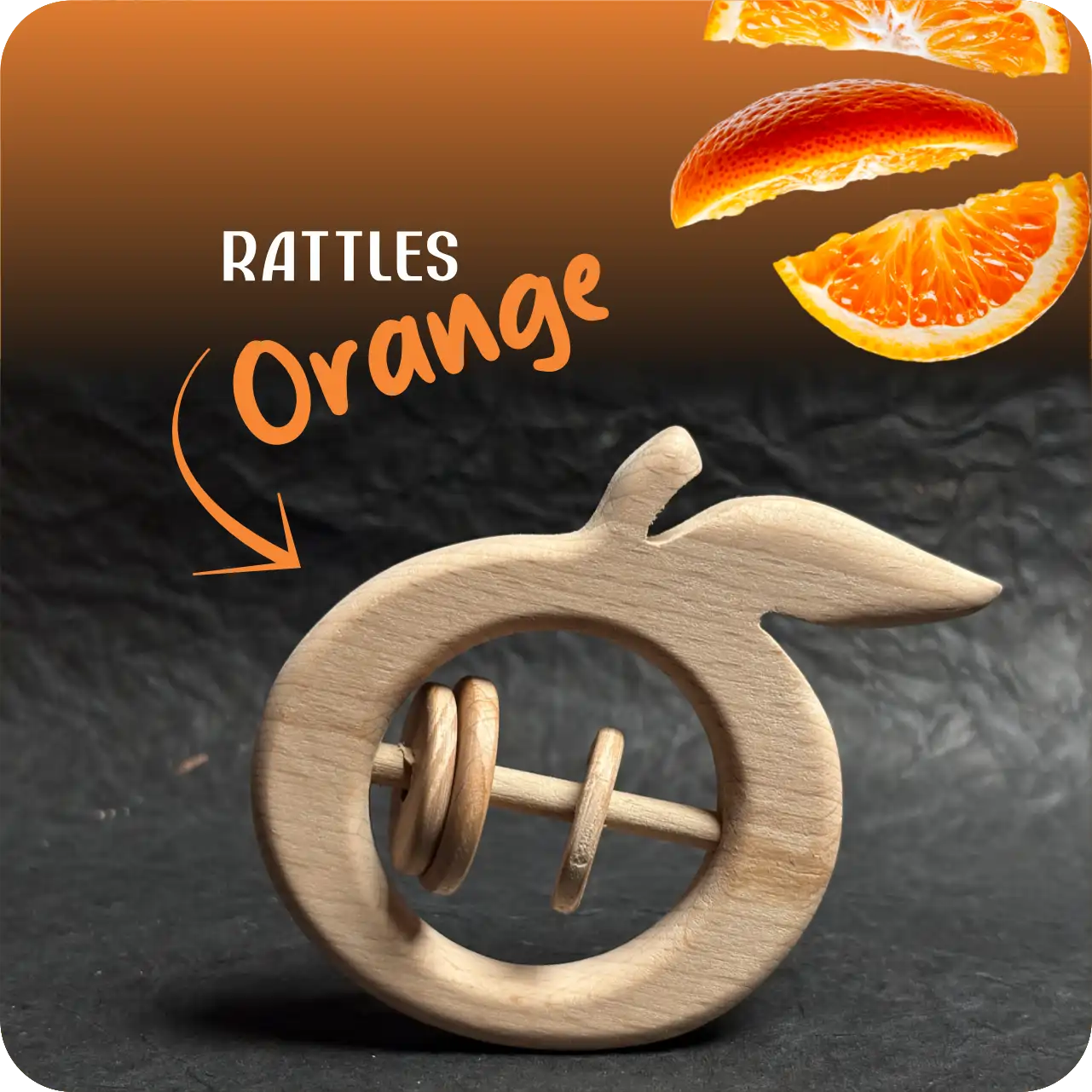 orange_name Natural wooden orange-shaped baby rattle with sliding rings on a dark textured background.