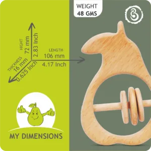 Dimension guide for the pear rattle showing 106 mm length and 72 mm height.