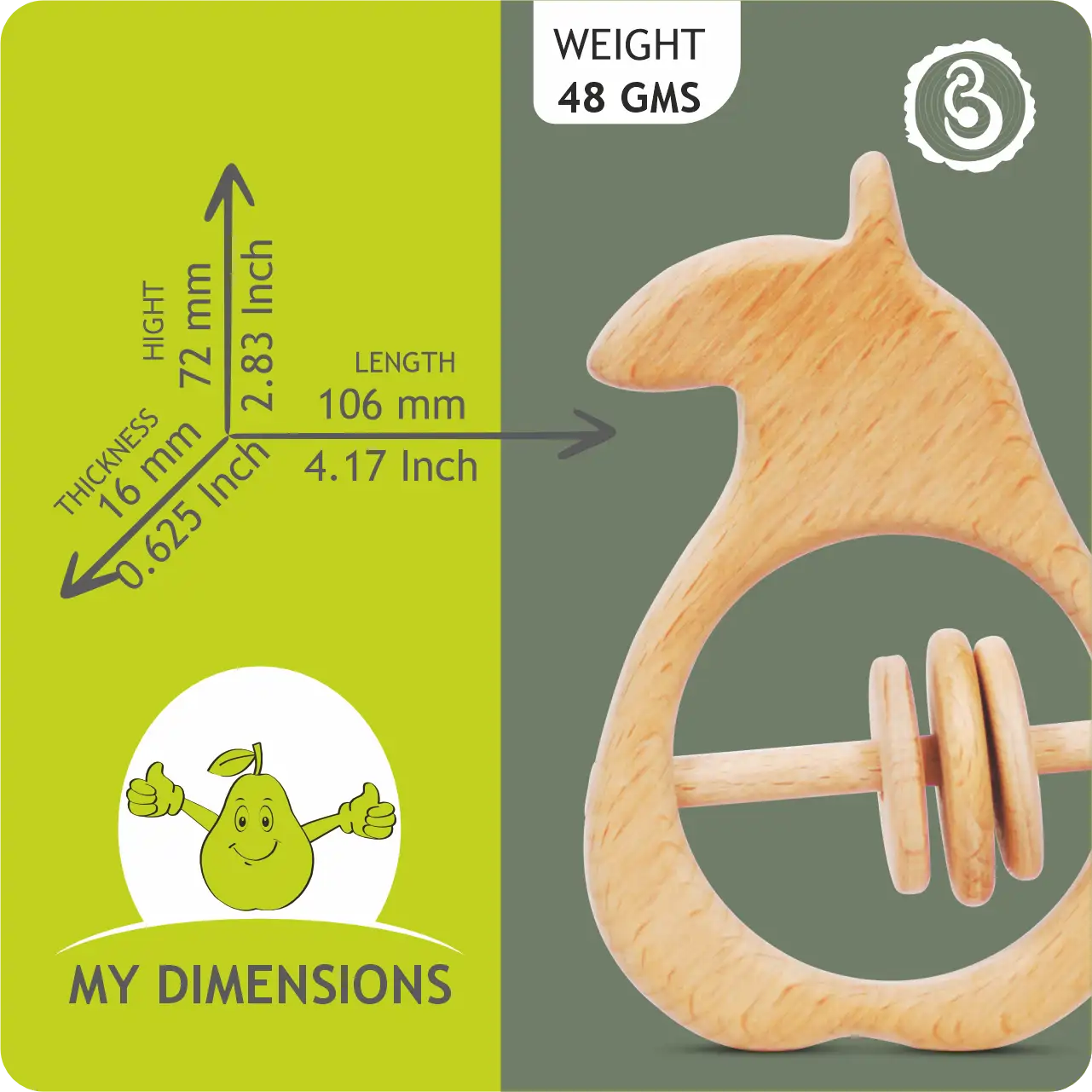 pear_dimensions Dimension guide for the pear rattle showing 106 mm length and 72 mm height.
