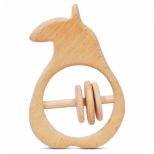 Front view of a natural wood pear-shaped baby rattle with three jingling rings.