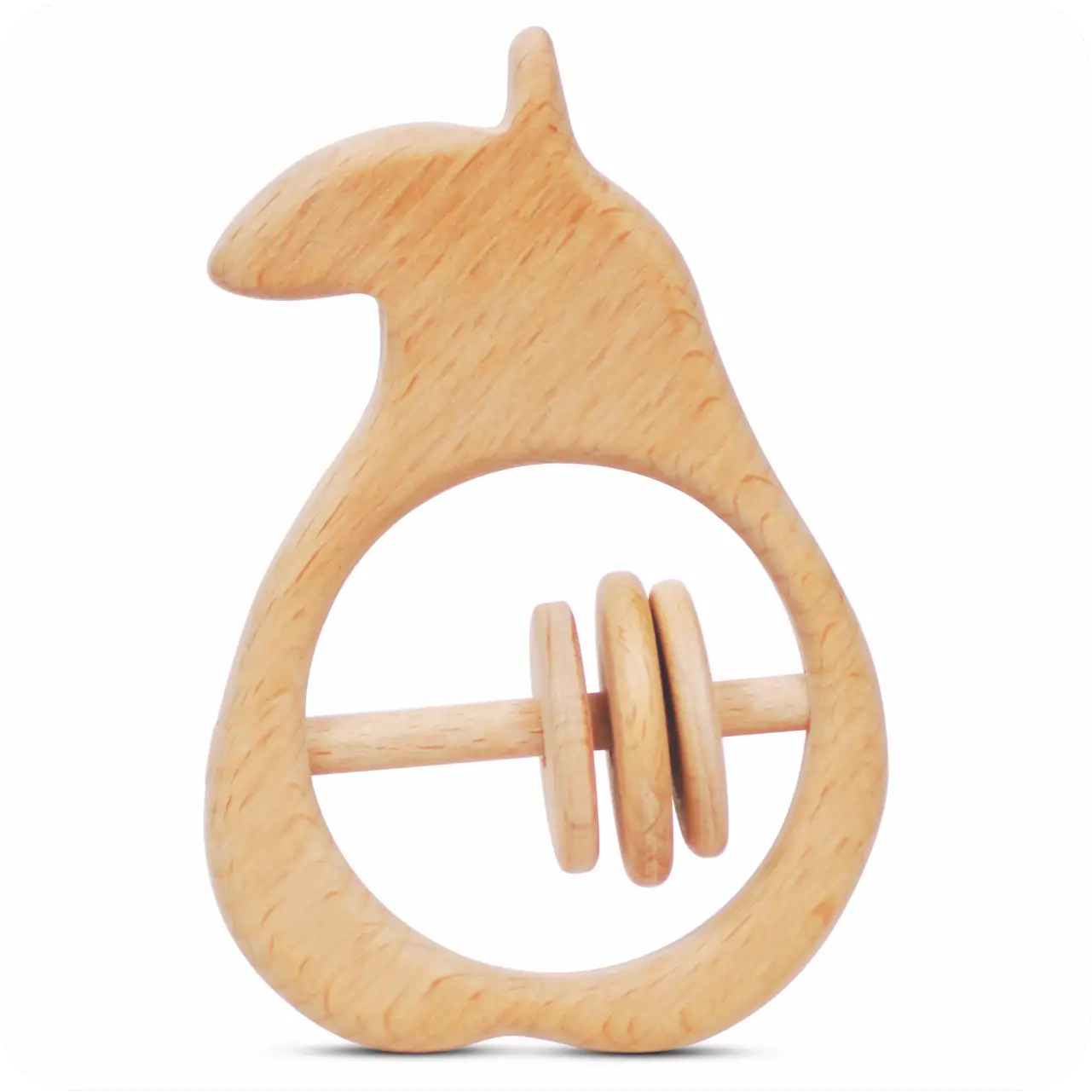 pear_front Front view of a natural wood pear-shaped baby rattle with three jingling rings.