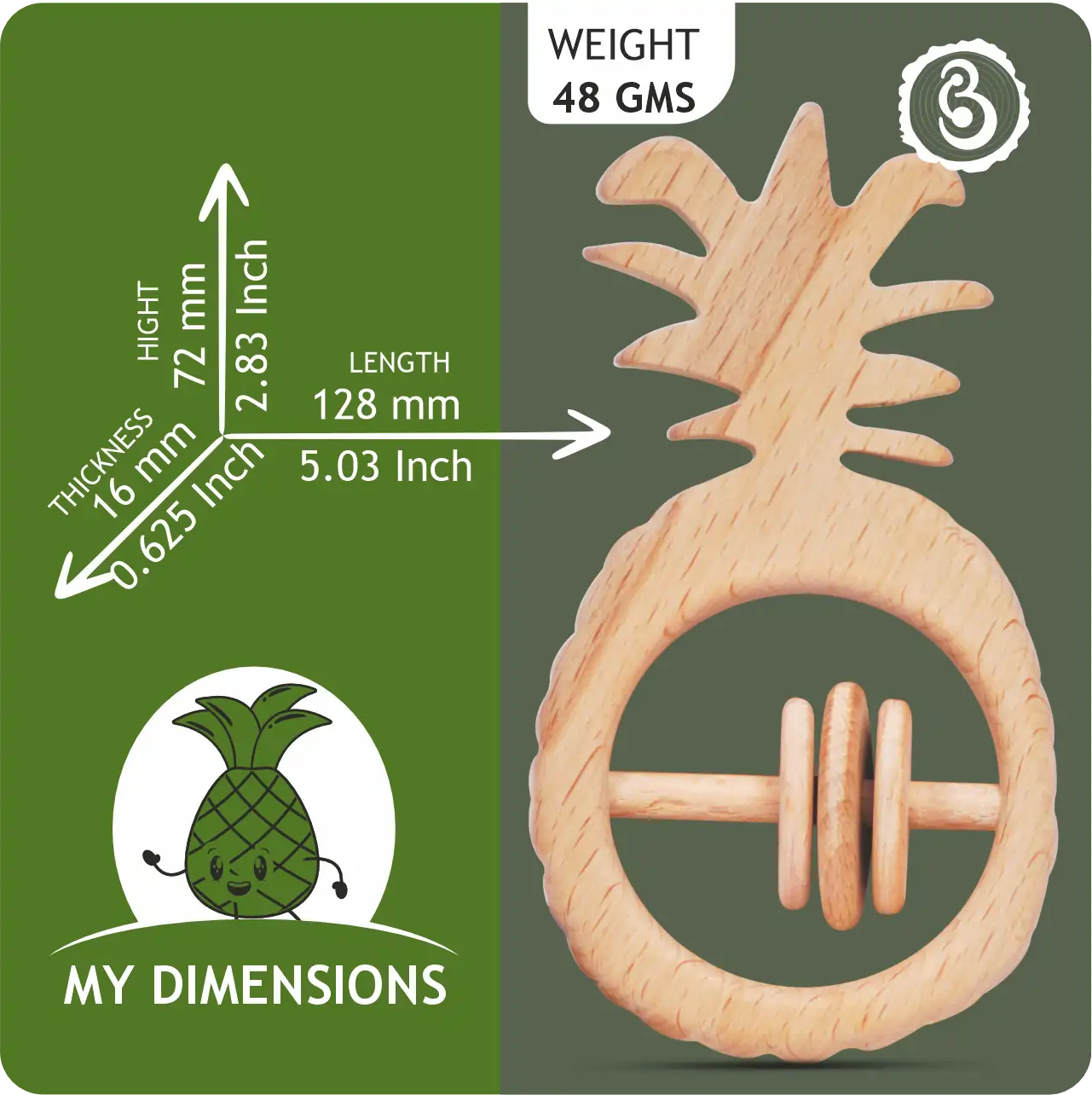 pineapple_dimensions Dimension guide for the pineapple rattle showing 128mm length and 72mm height.