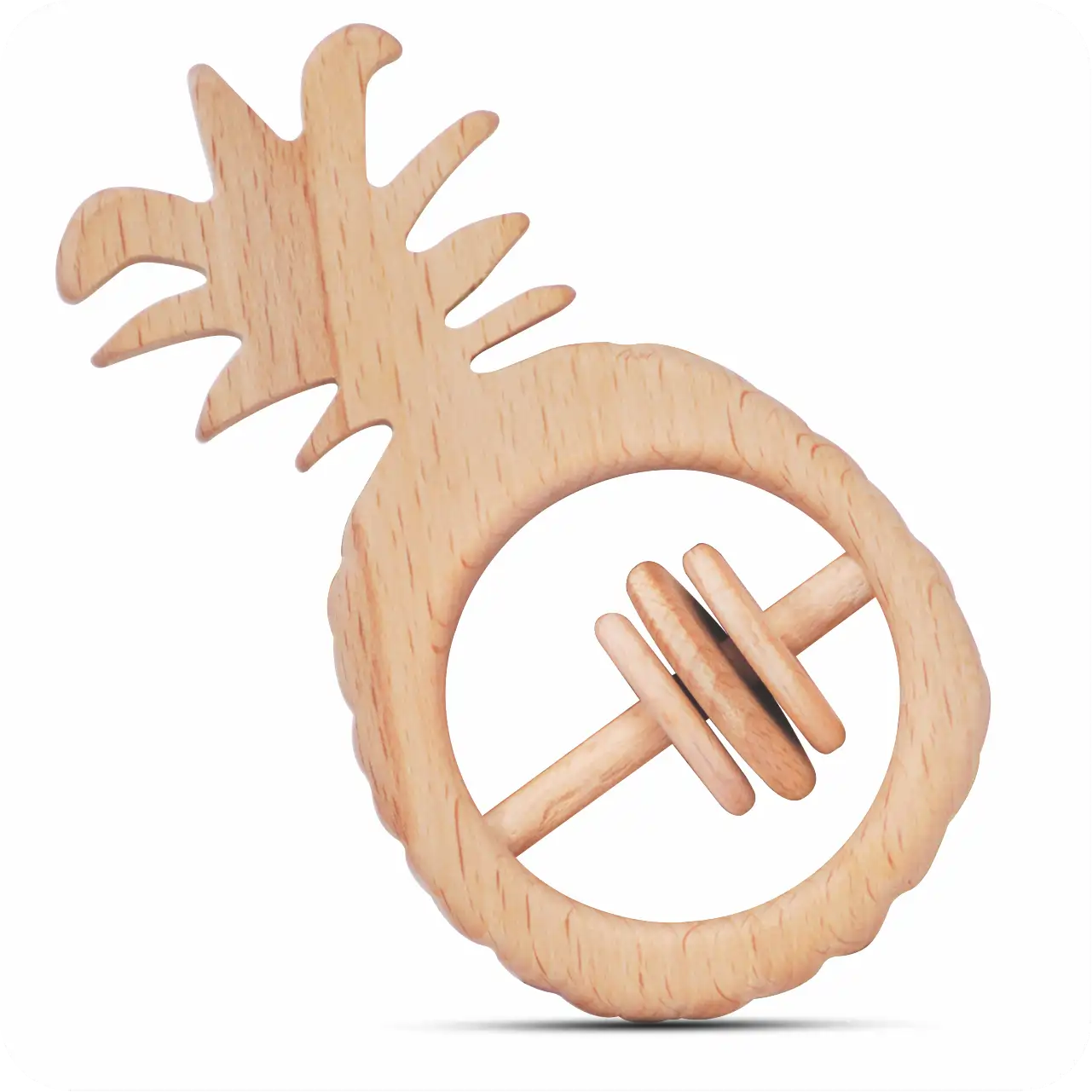 pineapple_front Front view of a natural wood pineapple-shaped baby rattle with detailed crown carving.