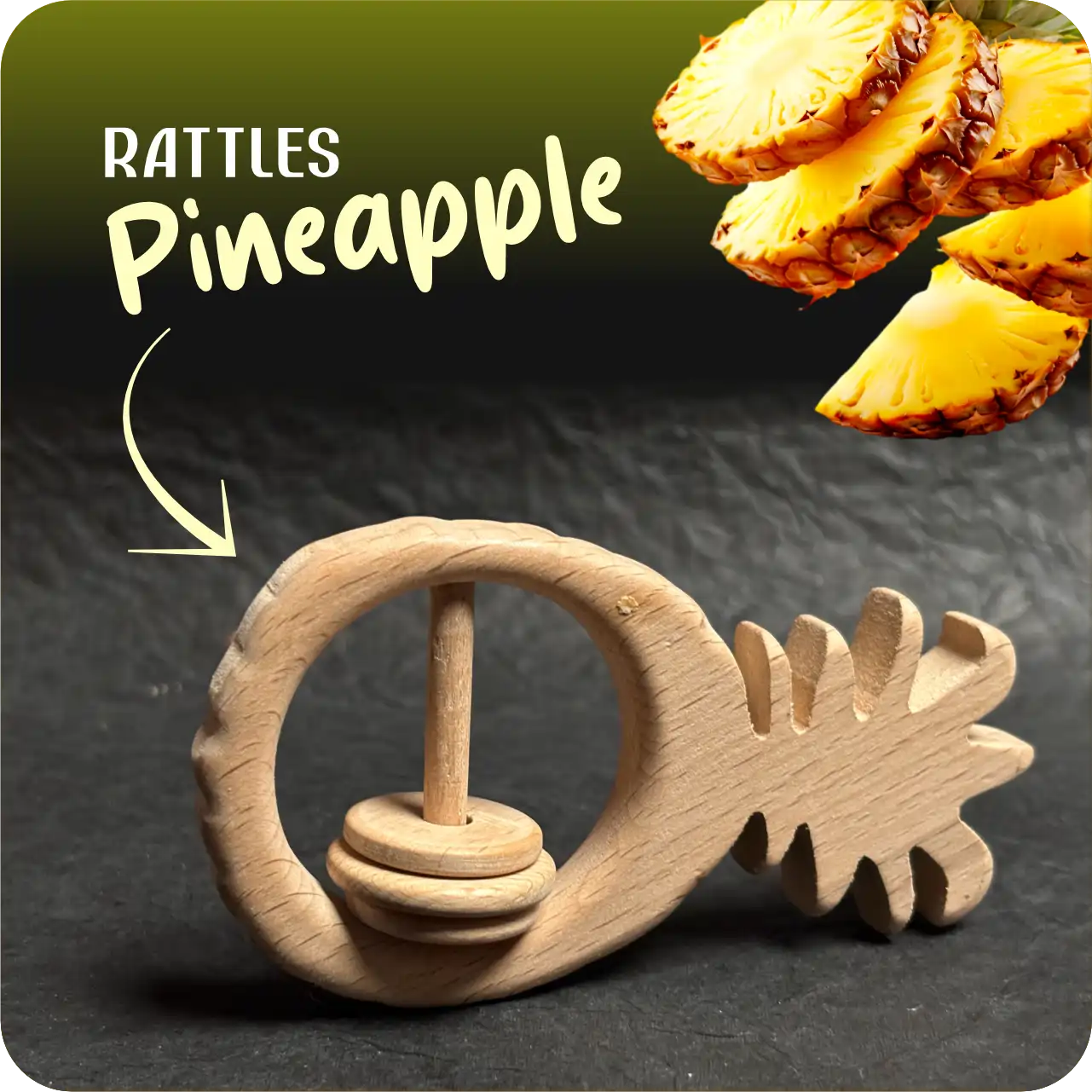 pineapple_name Natural wooden pineapple-shaped baby rattle with sliding rings on a dark textured background.