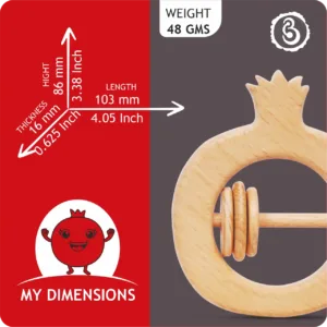 Dimension guide for the pomegranate rattle showing 103 mm length and 86 mm height.