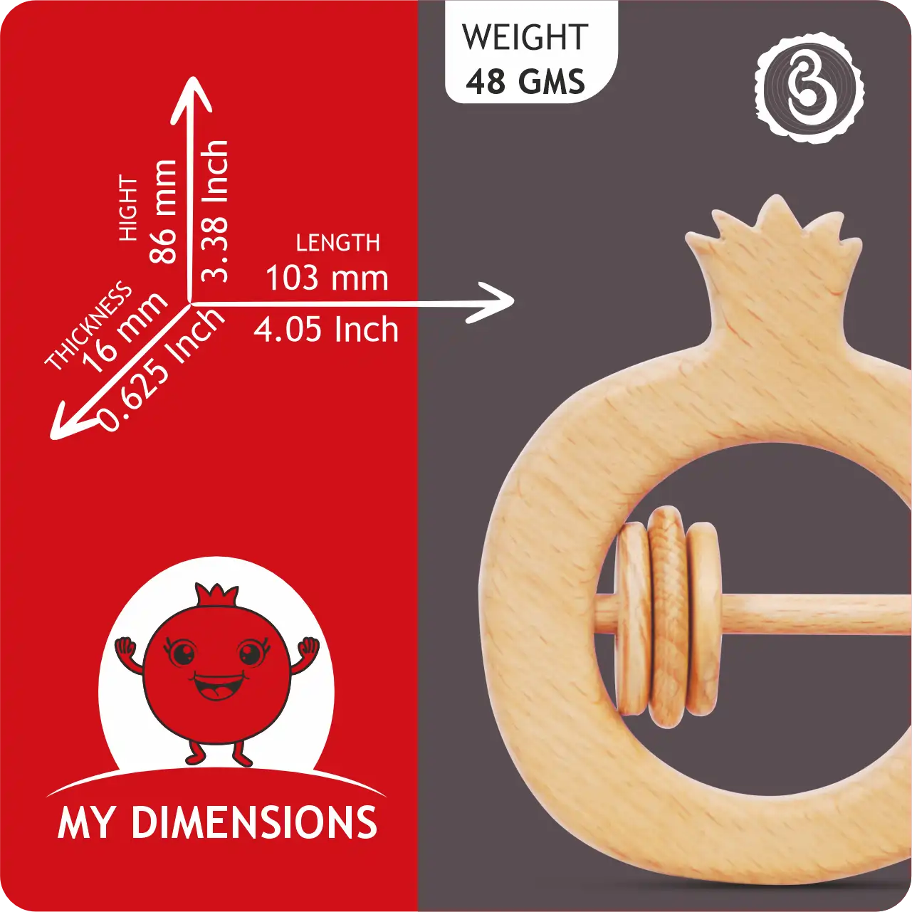 pomegranate_dimensions Dimension guide for the pomegranate rattle showing 103 mm length and 86 mm height.