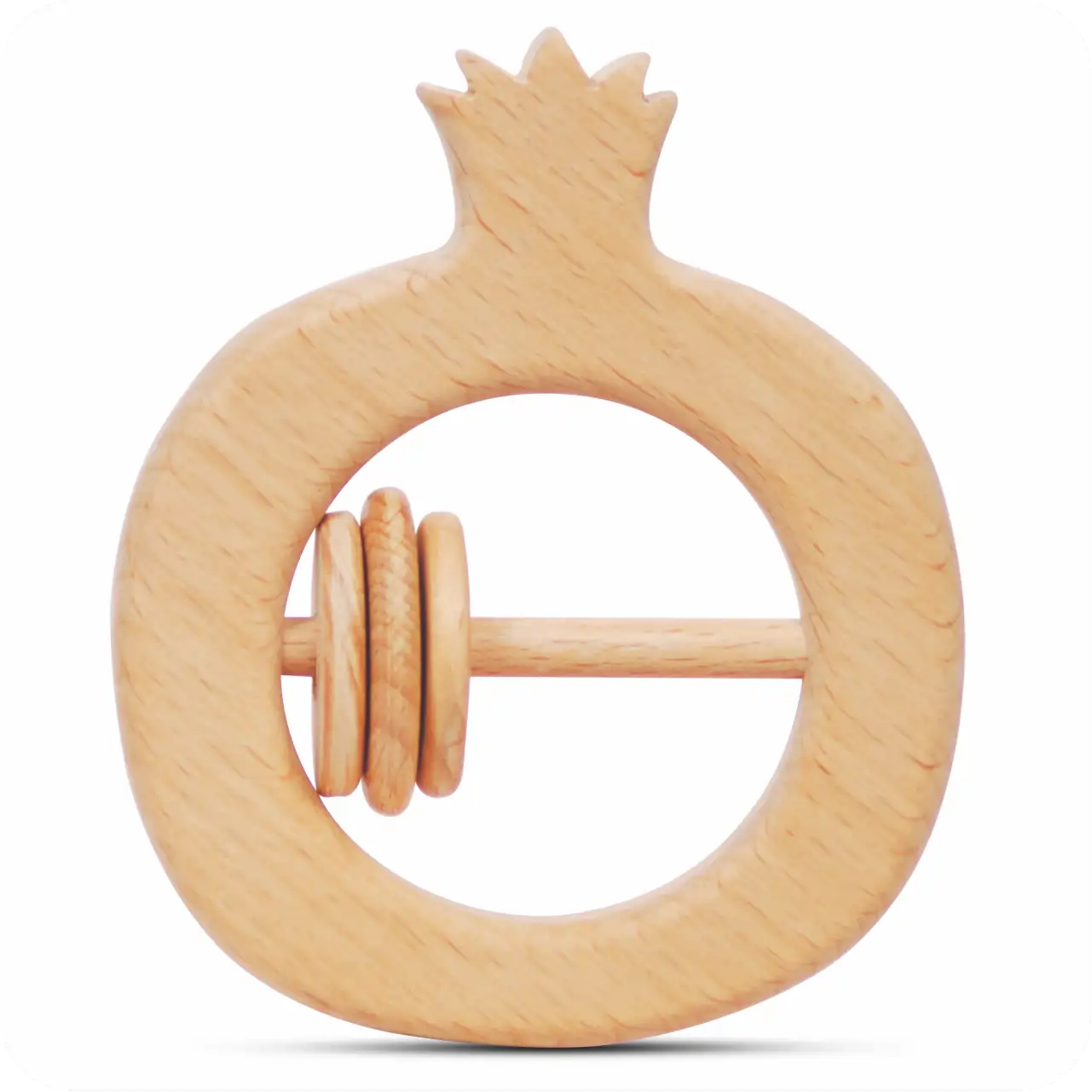 pomegranate_front Front view of a natural wood pomegranate-shaped baby rattle with a smooth crown detail.