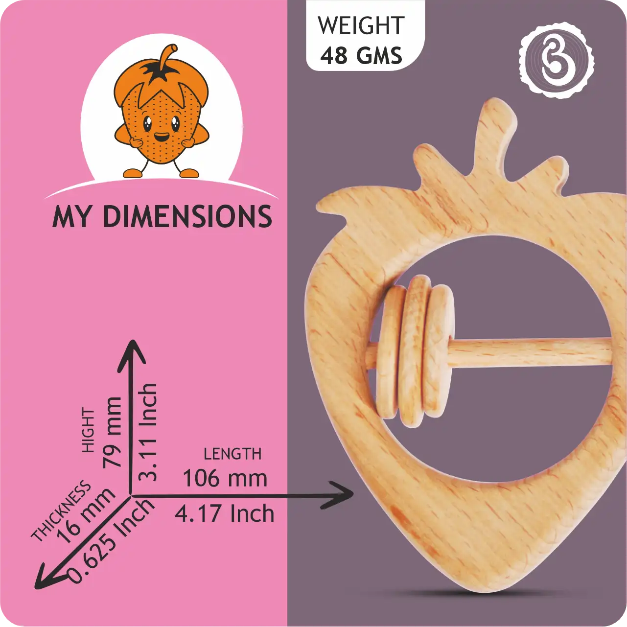 strawberry_dimensions Dimension guide for the strawberry rattle showing 106 mm length and 79 mm height.