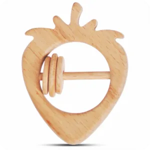 Front view of a natural wood strawberry-shaped baby rattle with carved leaf details.