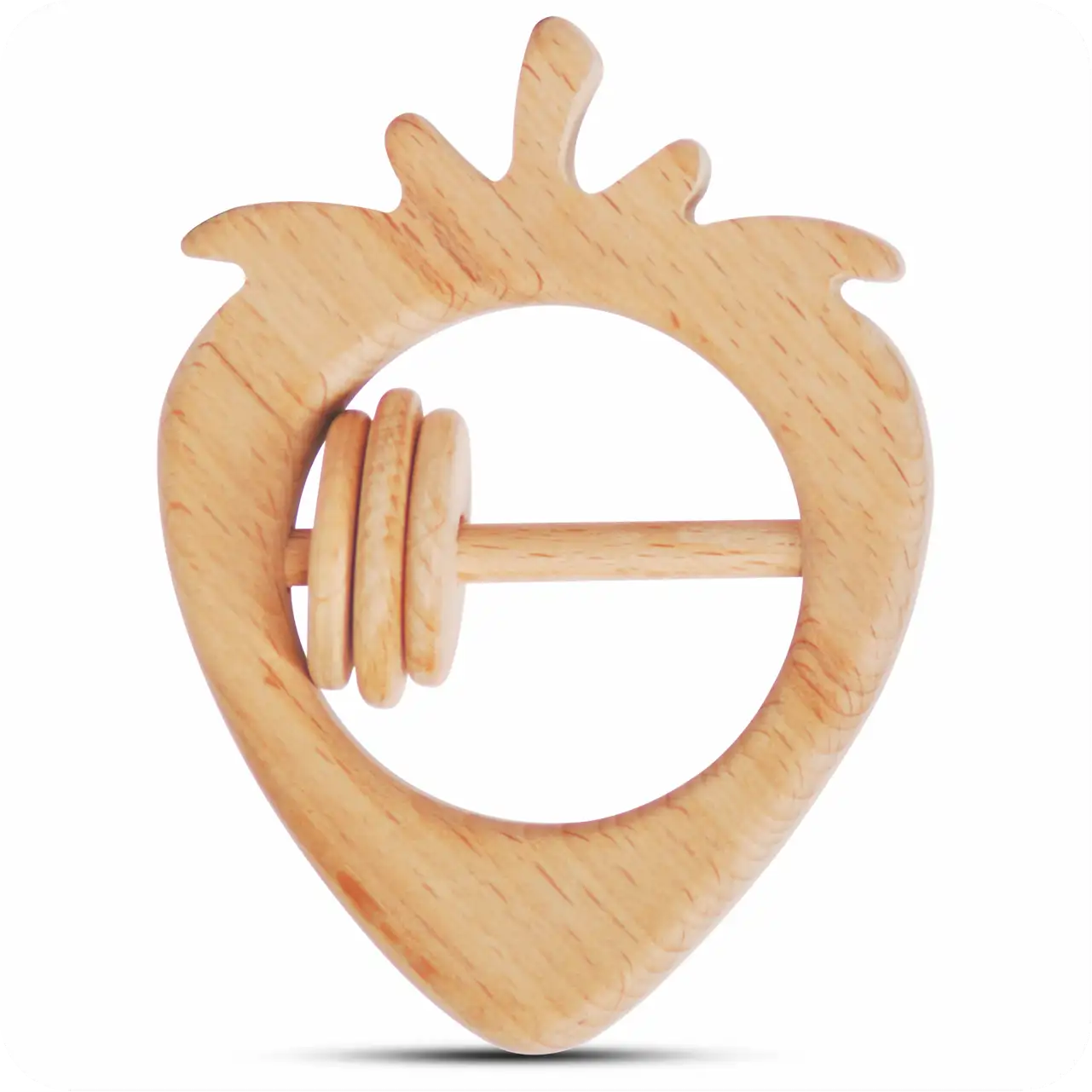 strawberry_front Front view of a natural wood strawberry-shaped baby rattle with carved leaf details.