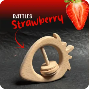 Natural wooden strawberry-shaped baby rattle with sliding rings on a dark textured background.
