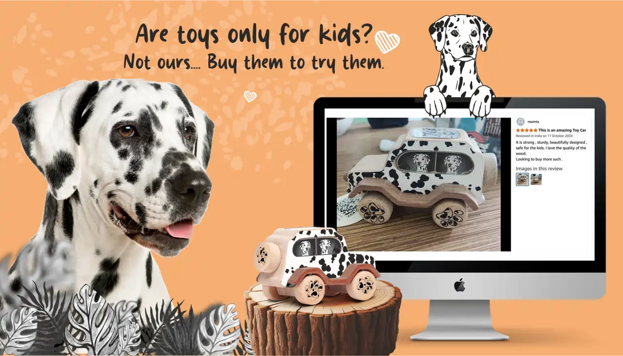 Wooden toy car with Dalmatian-themed design.