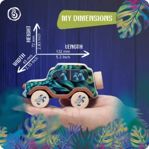 Diagram showing the dimensions of the wooden peacock toy car: 132 mm length, 72 mm height, and 65 mm width.
