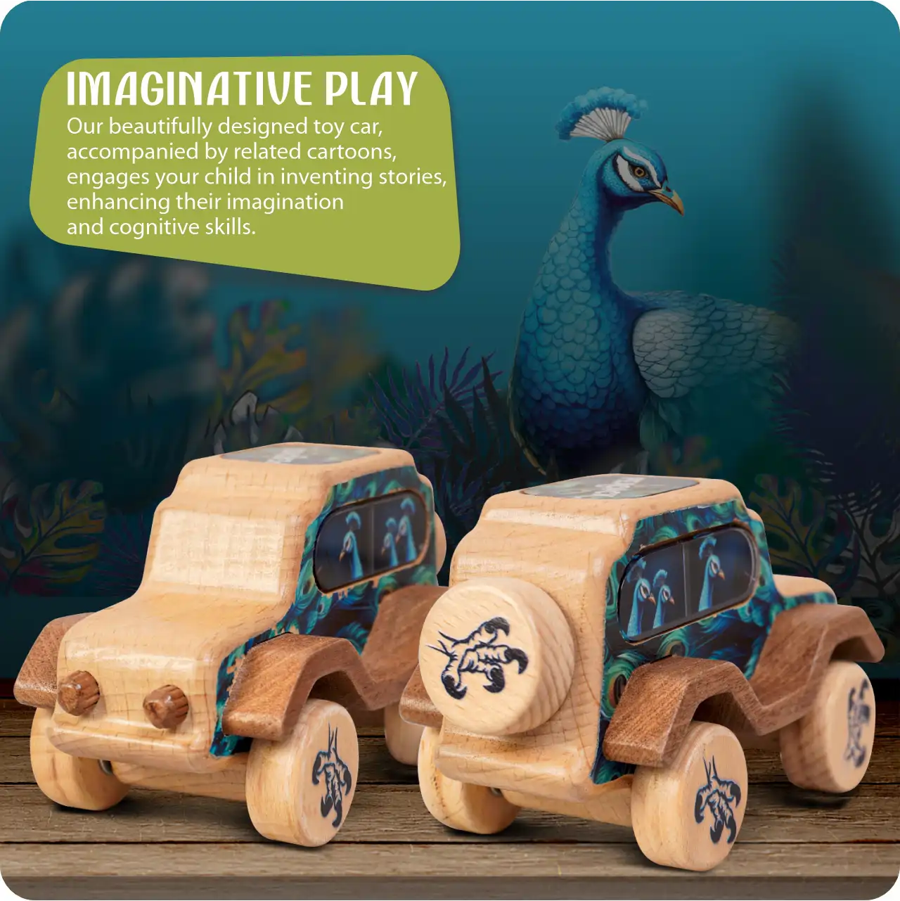 peacock05 Two wooden peacock toy cars on a wooden surface with a peacock illustration in the background.