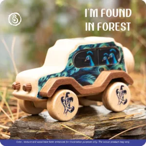 A wooden peacock toy car resting on a rock in a forest environment.