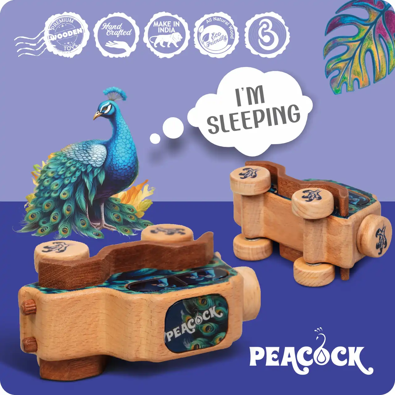 peacock07 A toy car is shown upside down with icons for "Hand Crafted," "Made in India," and "Eco-Friendly Wood."