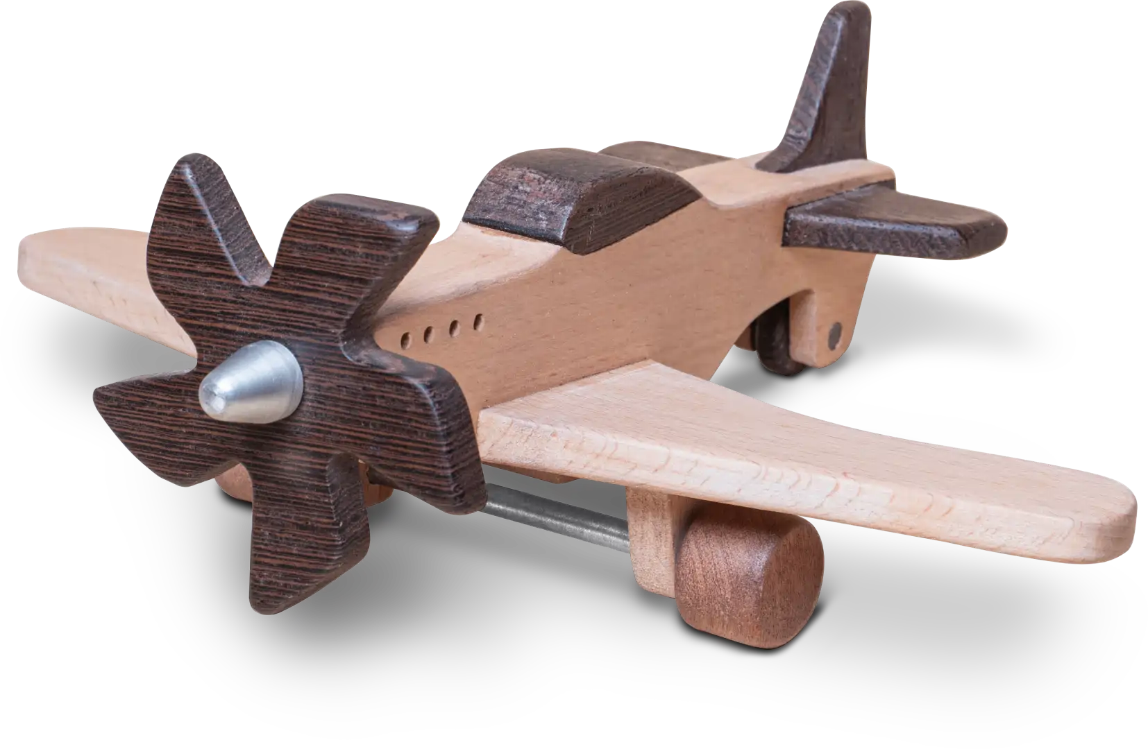 aeroplane Close-up of a wooden aeroplane with a metallic propeller hub and dark accents.