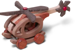 Close-up of a wooden helicopter with dark rotors and red hub accents.