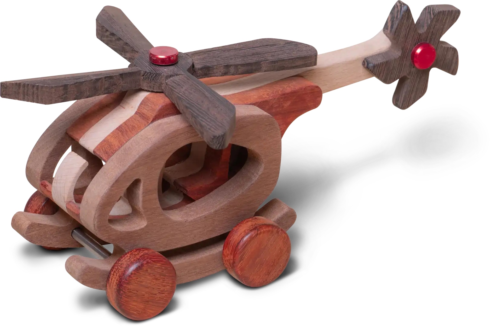 helicopter Close-up of a wooden helicopter with dark rotors and red hub accents.