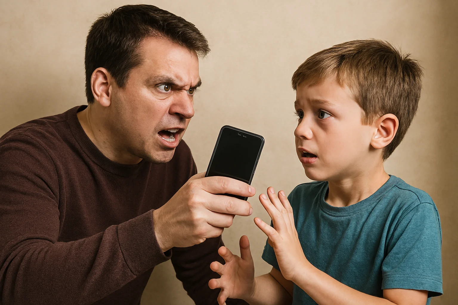 An angry adult confronting a scared child.