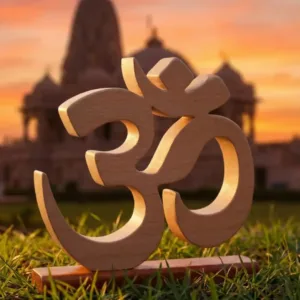 Wooden Om symbol placed outdoors with temple background