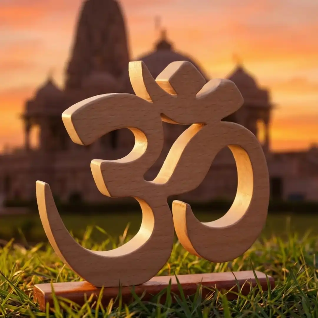aum03 Wooden Om symbol placed outdoors with temple background