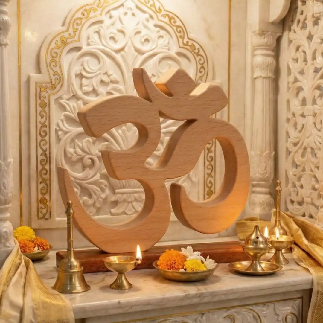 aum04 Wooden Om symbol placed on a decorative temple altar