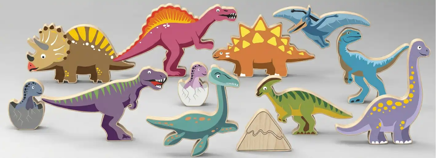 dino_grey Wooden dinosaur toys arranged in a desert scene.