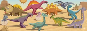 Wooden dinosaur toys arranged in a desert scene.