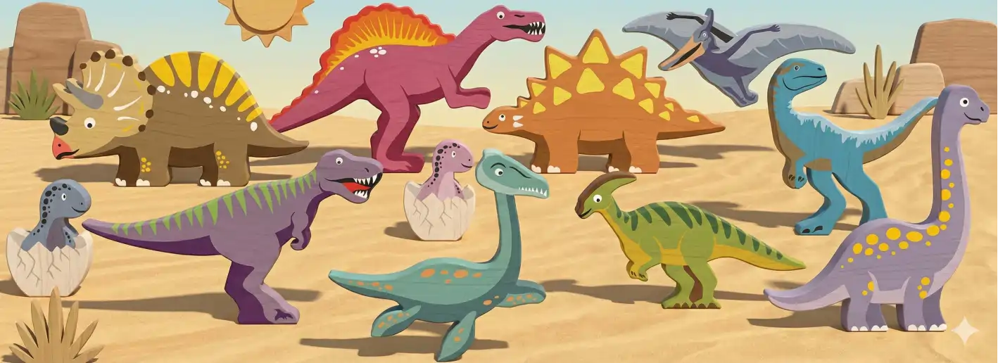 dino_scene Wooden dinosaur toys arranged in a desert scene.