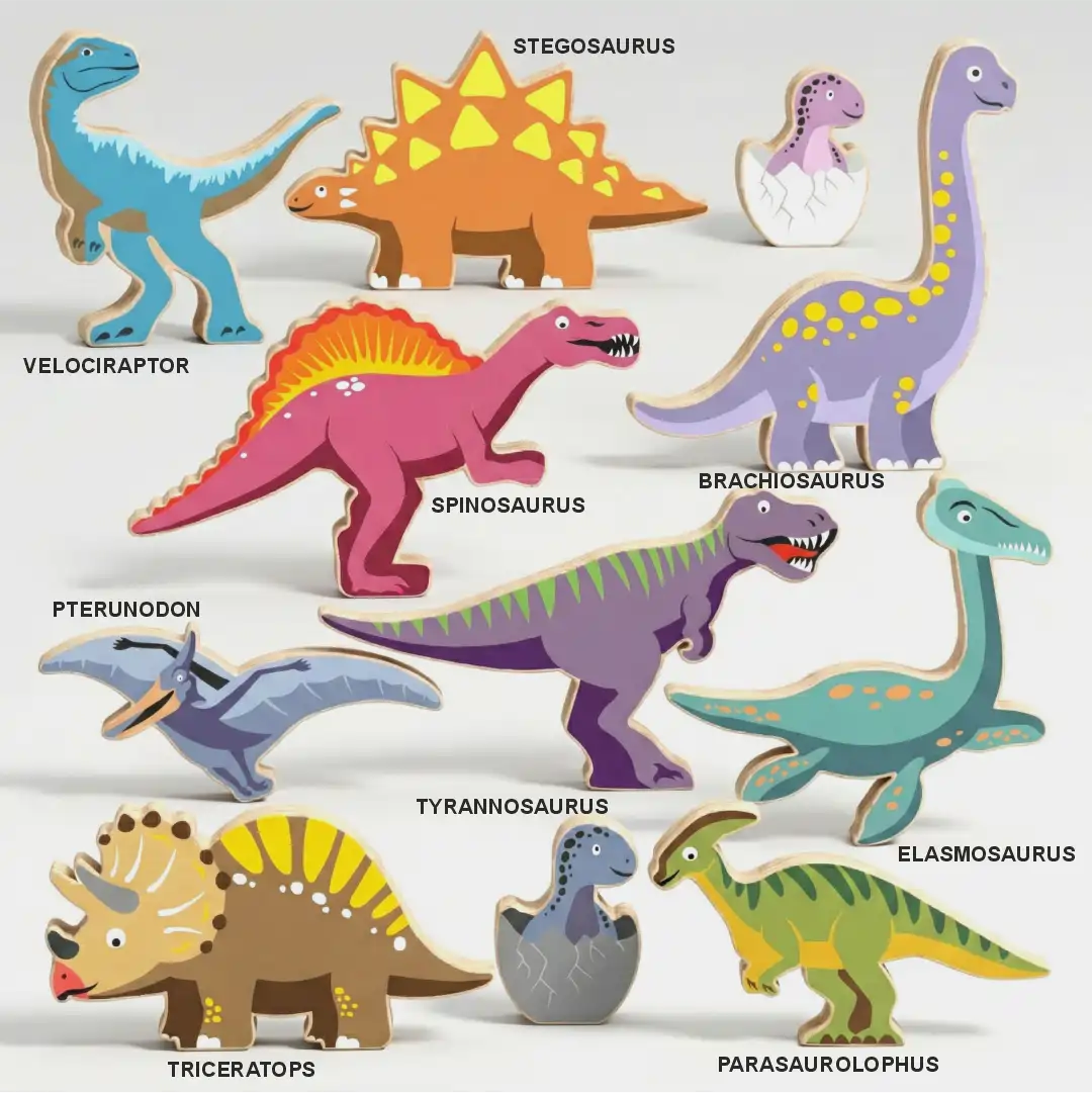 dino_sq Colorful wooden dinosaur figures standing upright.