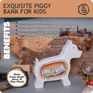 Wooden dog piggy bank showing benefits and storage features.