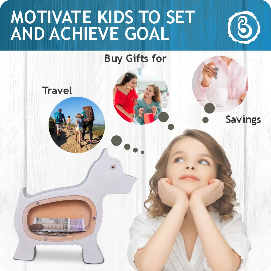 dog_dream Kids savings motivation poster with wooden dog piggy bank and goals.