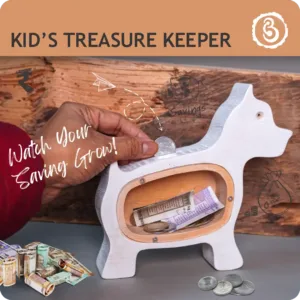 Wooden dog-shaped money box with coins and notes.