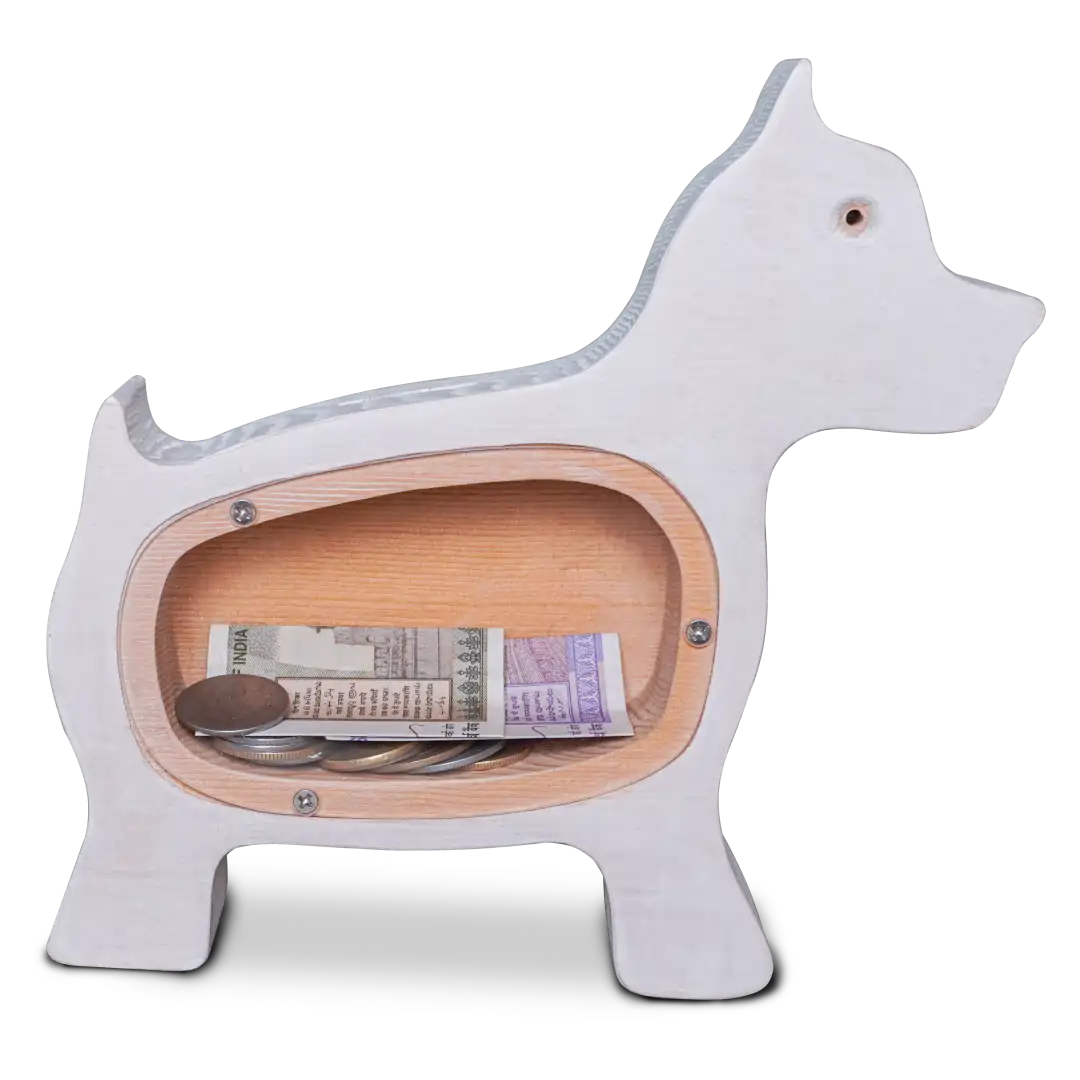 dog_money_front Wooden dog piggy bank with coins and currency inside.