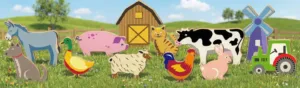 Wooden farm animal toys in a grassy scene.