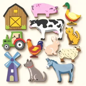Wooden farm animal and object toys set.
