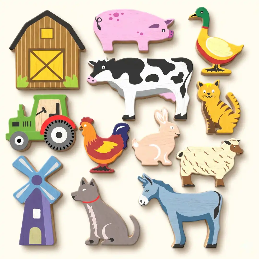 farm_sq Wooden farm animal and object toys set.