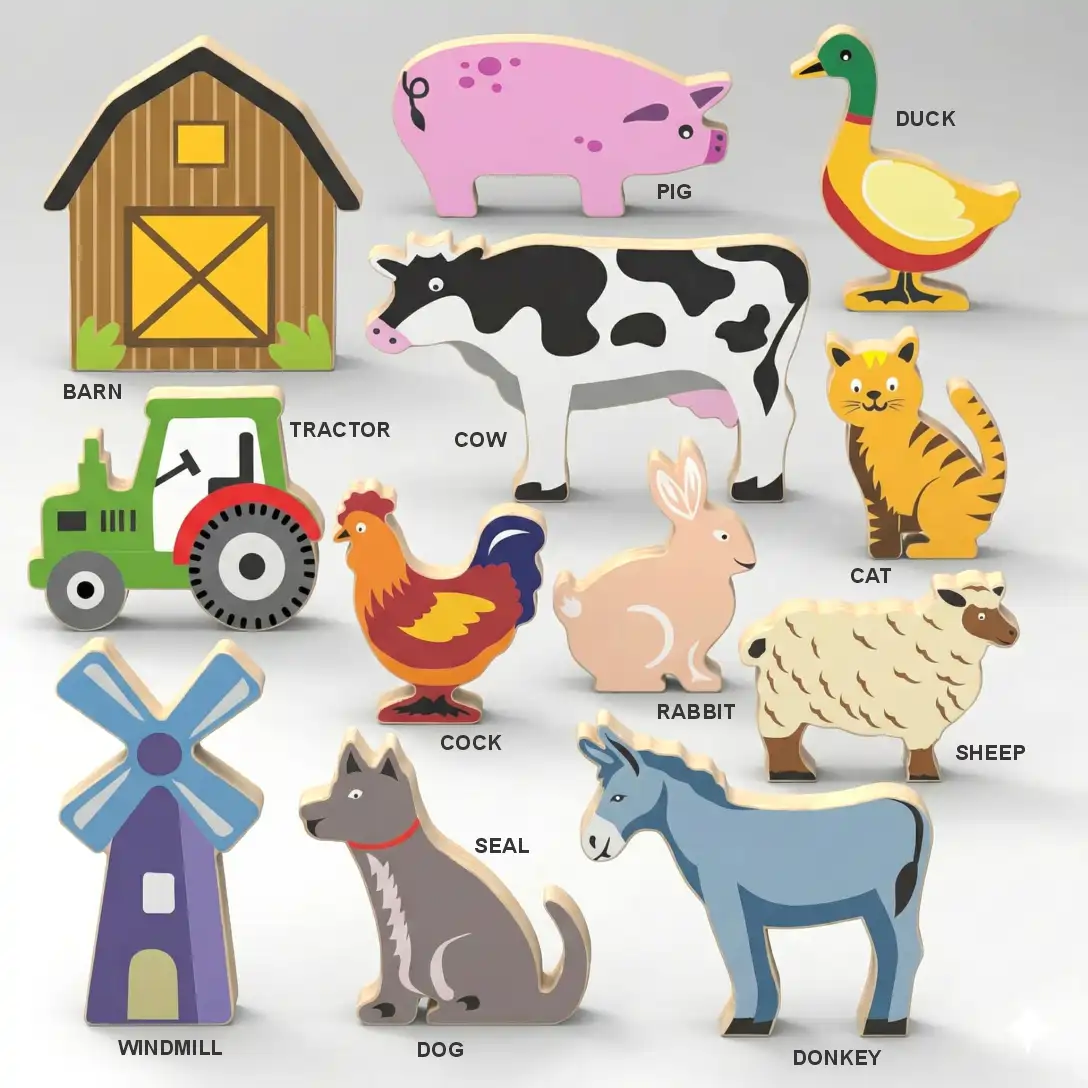 farm_stand_sq Wooden farm animal and object toys set.