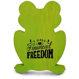 Green wooden frog money bank with quote.