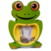 Green frog-shaped money box with coins and currency inside.