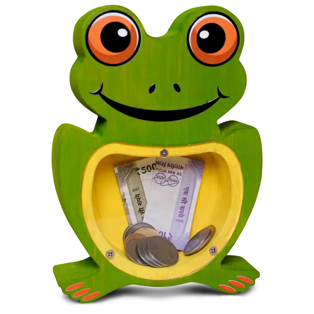 Green frog-shaped money box with coins and currency inside.